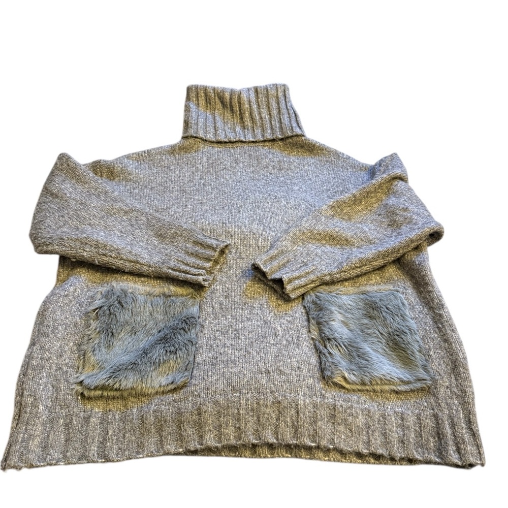 Zara Knit Gray Turtleneck Sweater Faux Fur Pockets Tunic Oversize S
